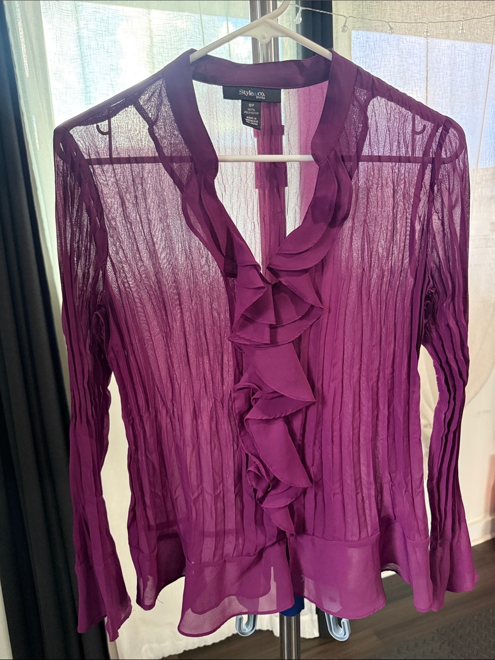 Style & Co. Plum Ruffle Sheer Blouse